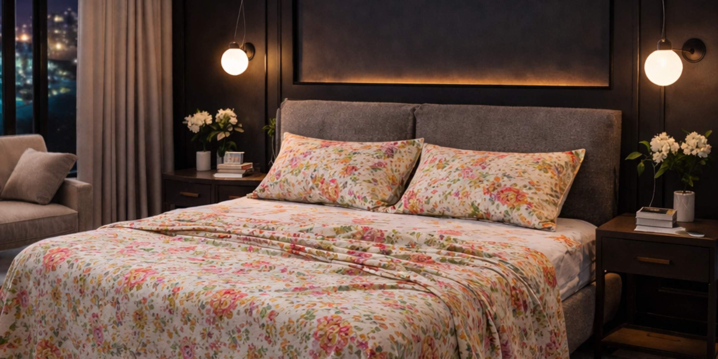 Before picture of bedroom with floral printed bedsheets before styling with AnAká luxury organic cotton bedding makeover